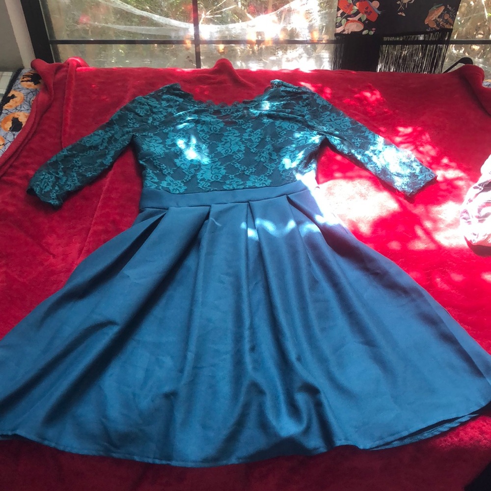 Emerald A line dress, with lace top and zipper back